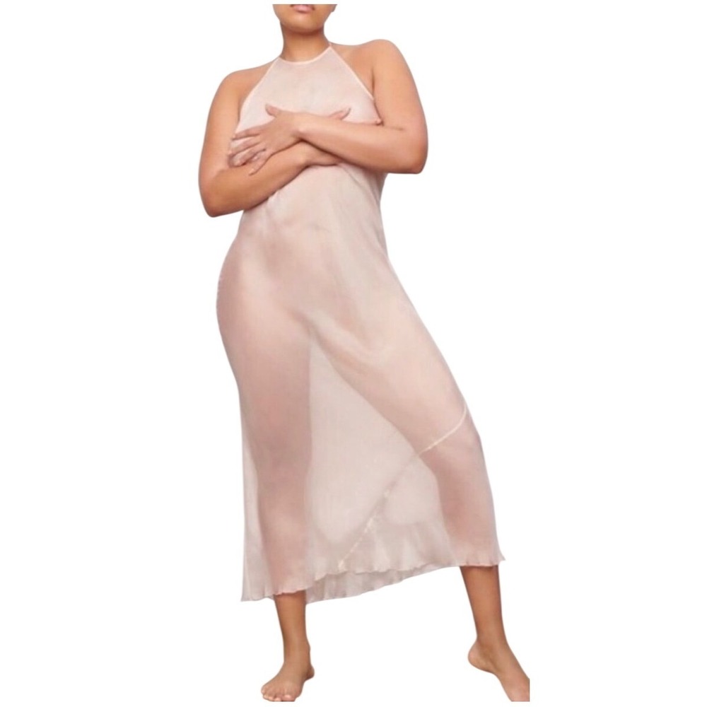 SKIMS Romance Halter Silk Midi Dress Dove Pink Sheer Open Back Womens L Ethereal